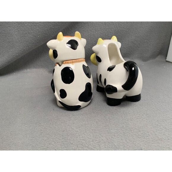 Vintage Houston Harvest Ceramic Cow Sugar Bowl & Creamer Set Black & White - Picture 3 of 16